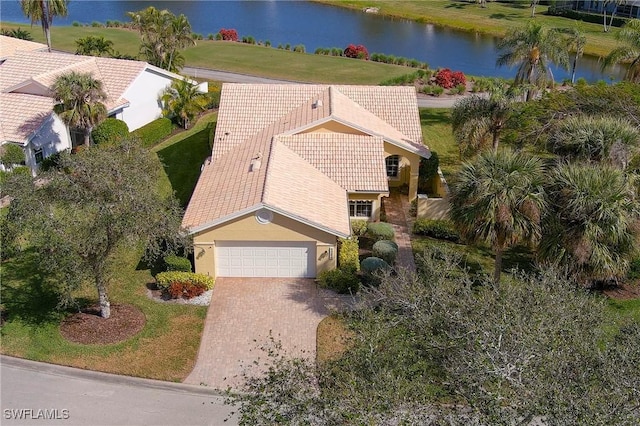 drone / aerial view featuring a water view