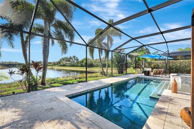 view of pool featuring a lanai, a patio area, and a water view