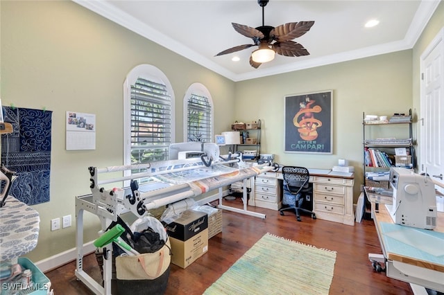 office with crown molding, dark hardwood / wood-style floors, and ceiling fan