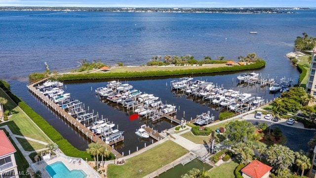 aerial view featuring a water view