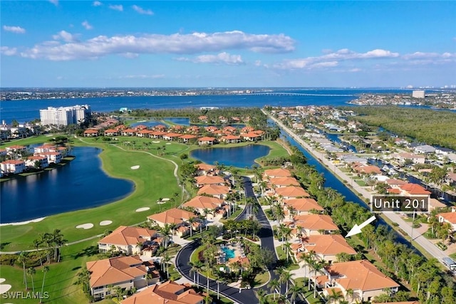 birds eye view of property featuring a water view