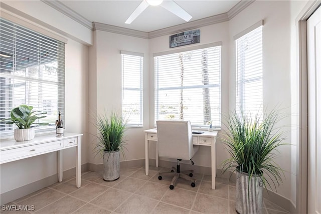 tiled office featuring a wealth of natural light, ornamental molding, and ceiling fan