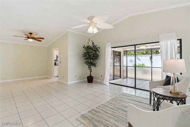 tiled living room with ornamental molding, lofted ceiling, and ceiling fan