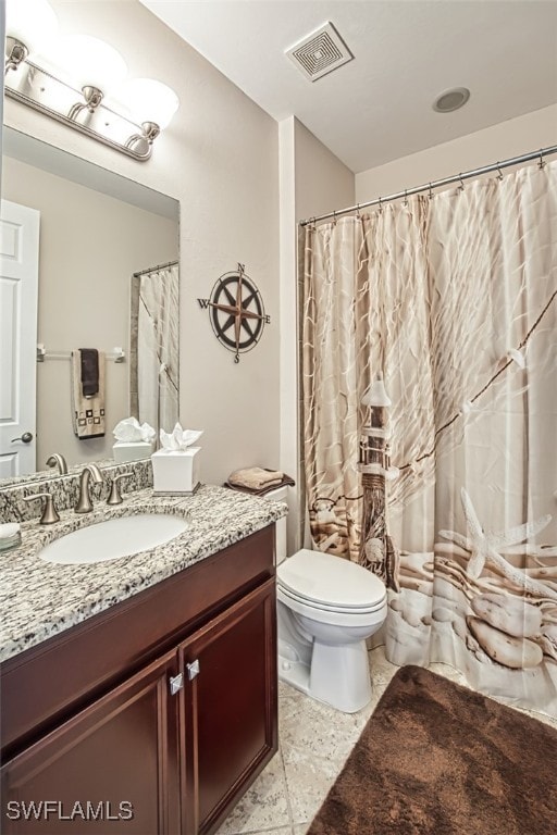 full bath with toilet, visible vents, and vanity