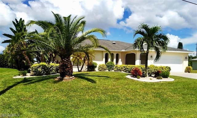 ranch-style house featuring a garage and a front lawn