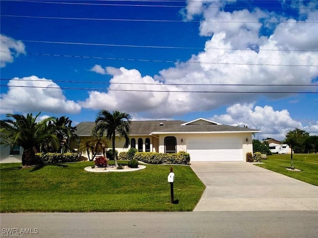 single story home with a garage and a front yard