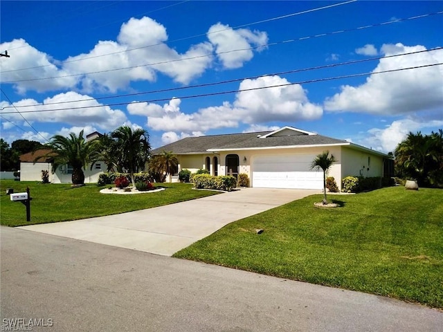 ranch-style house with a garage and a front yard