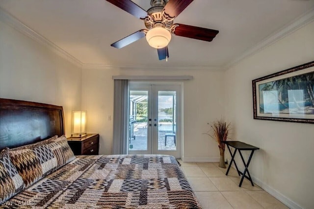 tiled bedroom with crown molding, access to exterior, ceiling fan, and french doors