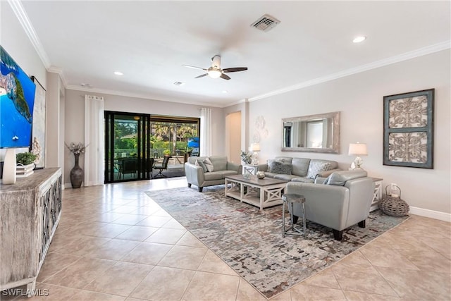 tiled living room featuring crown molding and ceiling fan