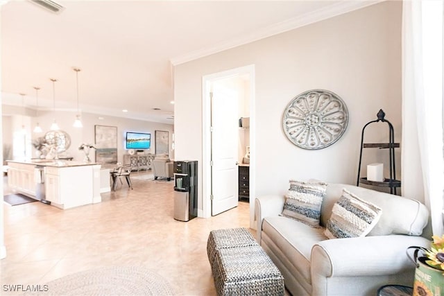 living room with crown molding