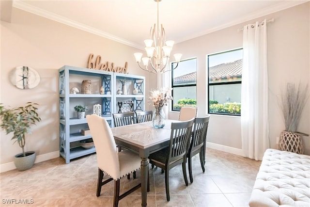 tiled dining area featuring a notable chandelier and ornamental molding