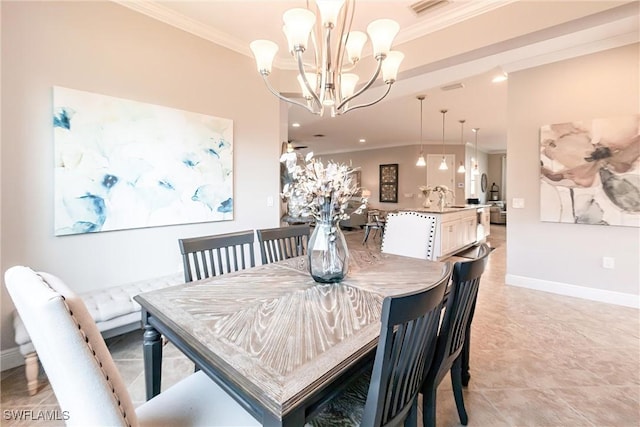 dining room with a notable chandelier and crown molding