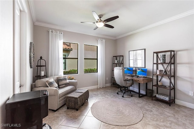 tiled home office featuring ornamental molding and ceiling fan