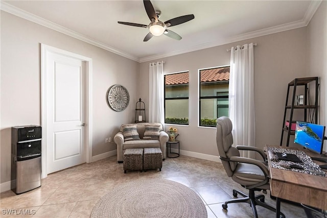 tiled office space with crown molding and ceiling fan