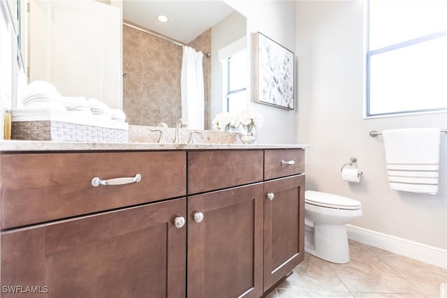 bathroom with vanity, tile patterned flooring, and toilet