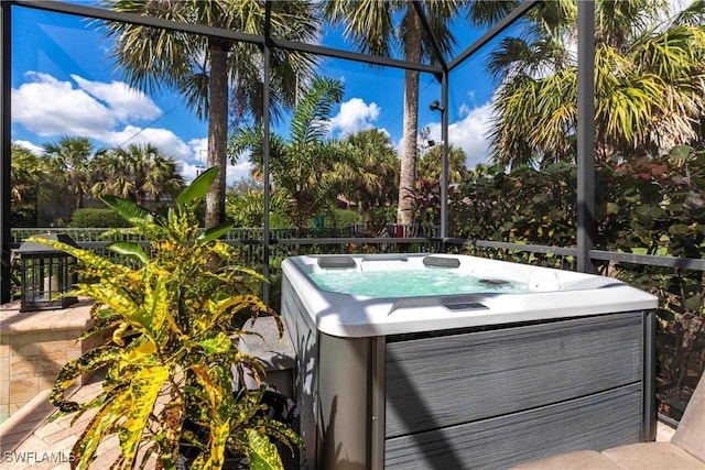 view of pool featuring a hot tub