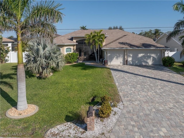 view of front of house with decorative driveway, stucco siding, an attached garage, a front yard, and fence