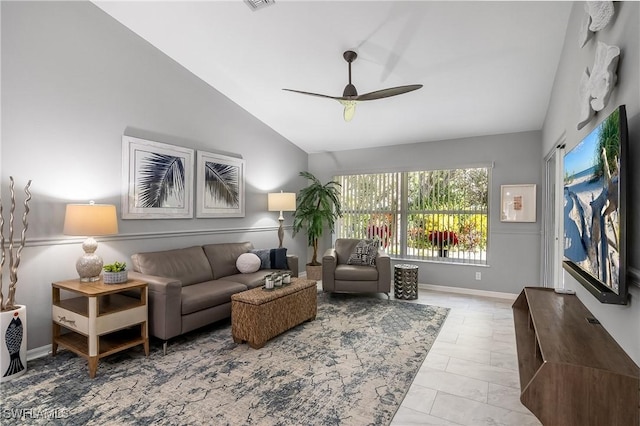 living room featuring high vaulted ceiling and ceiling fan