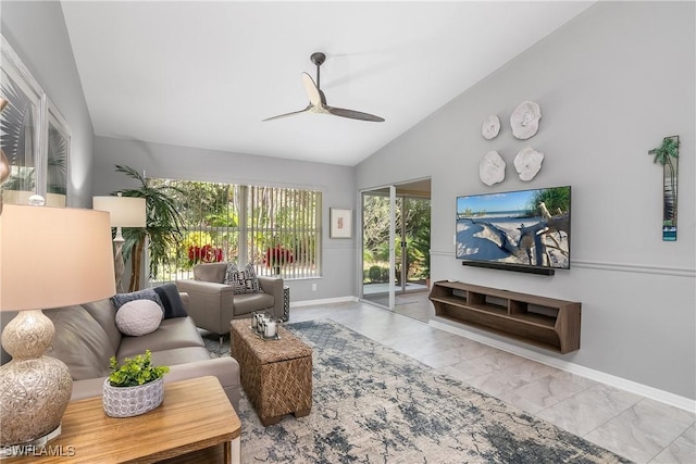 living room featuring high vaulted ceiling and ceiling fan