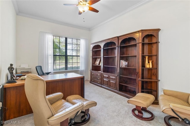 office space with light carpet, ceiling fan, and crown molding