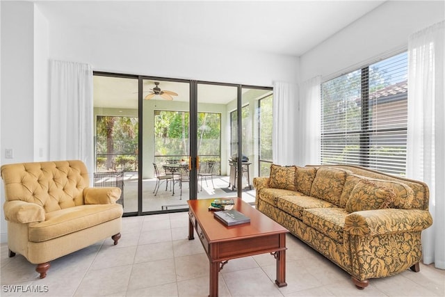 living room with light tile patterned flooring