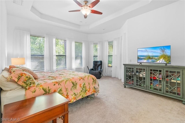 bedroom featuring multiple windows, a raised ceiling, and light colored carpet