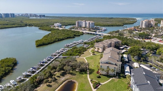 birds eye view of property featuring a water view