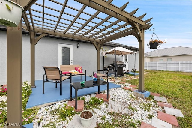 view of patio / terrace featuring outdoor lounge area, grilling area, and a pergola