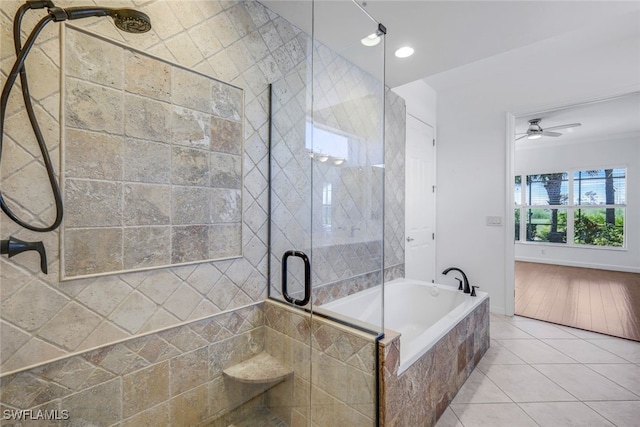 bathroom featuring tile patterned floors, shower with separate bathtub, and ceiling fan