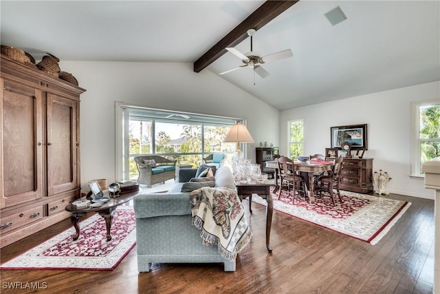 living room with ceiling fan, dark hardwood / wood-style floors, and lofted ceiling with beams