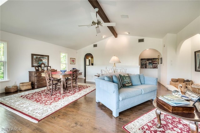 living room featuring beamed ceiling, ceiling fan, high vaulted ceiling, and dark hardwood / wood-style flooring