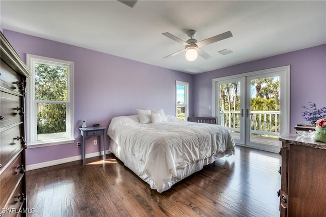 bedroom with multiple windows, dark hardwood / wood-style floors, access to exterior, and french doors