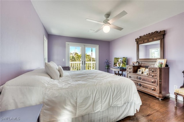 bedroom featuring access to exterior, dark wood-type flooring, french doors, and ceiling fan