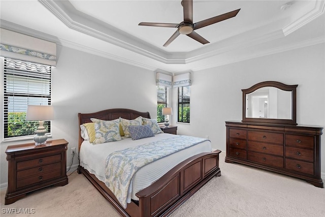 bedroom with a raised ceiling, light colored carpet, and multiple windows