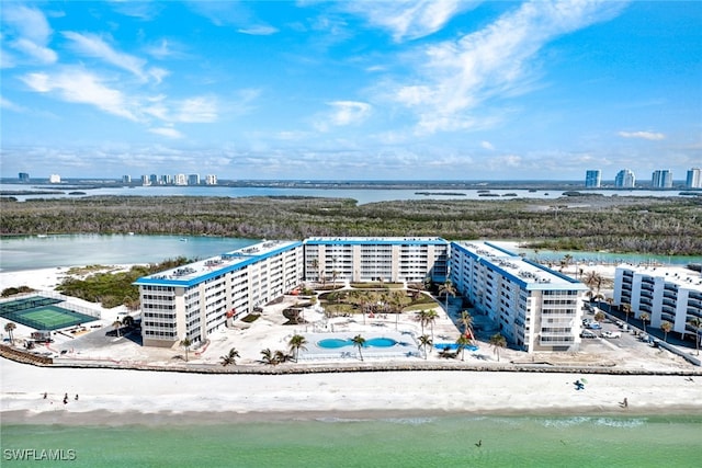 bird's eye view with a water view