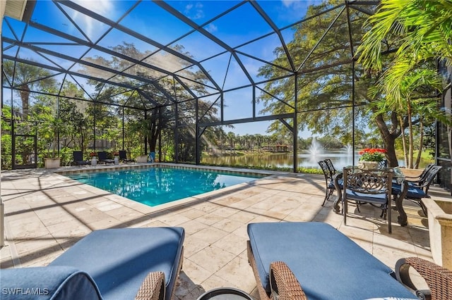 view of swimming pool with a water view, a lanai, and a patio