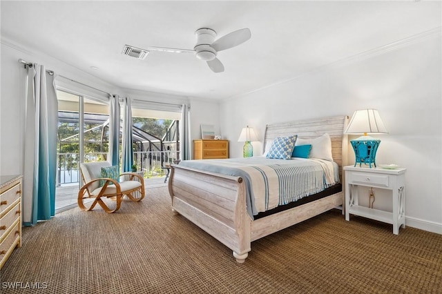 carpeted bedroom featuring ornamental molding, access to outside, and ceiling fan