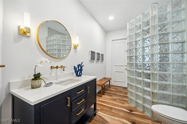 bathroom with hardwood / wood-style flooring, vanity, and toilet