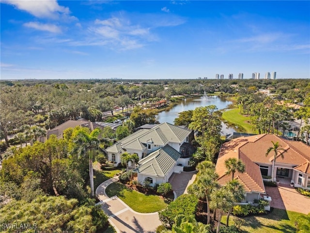 aerial view featuring a water view