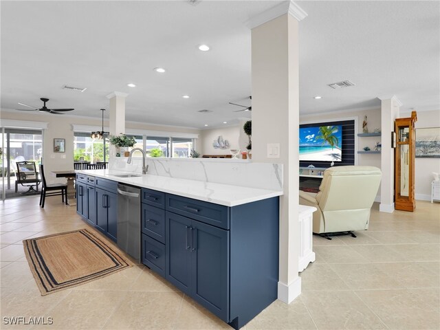 kitchen featuring light stone countertops, sink, stainless steel dishwasher, and ceiling fan