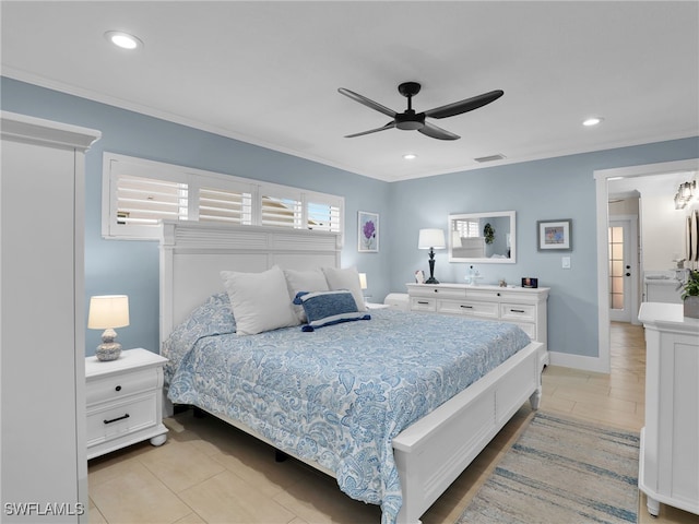 bedroom featuring crown molding, ceiling fan, and light tile patterned flooring