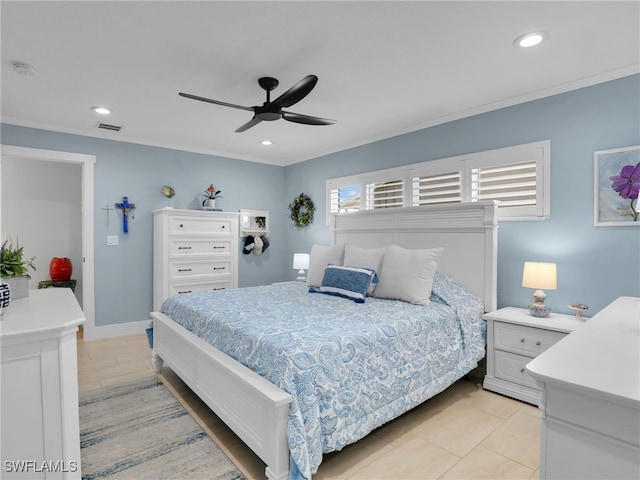 bedroom with ceiling fan and ornamental molding