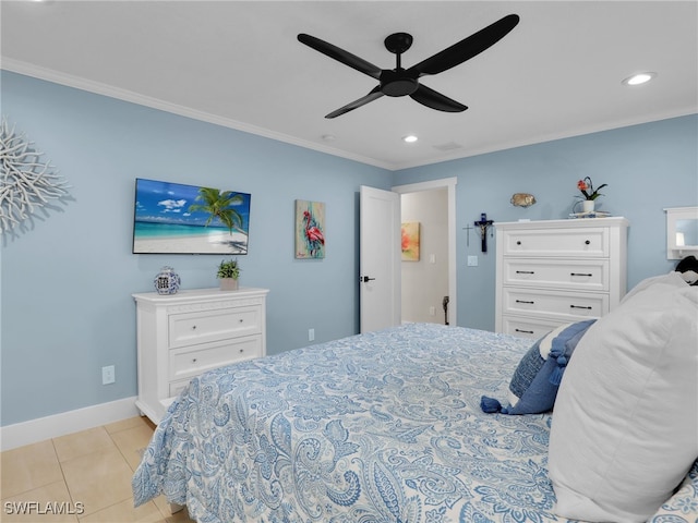 bedroom with ceiling fan, ornamental molding, and light tile patterned floors