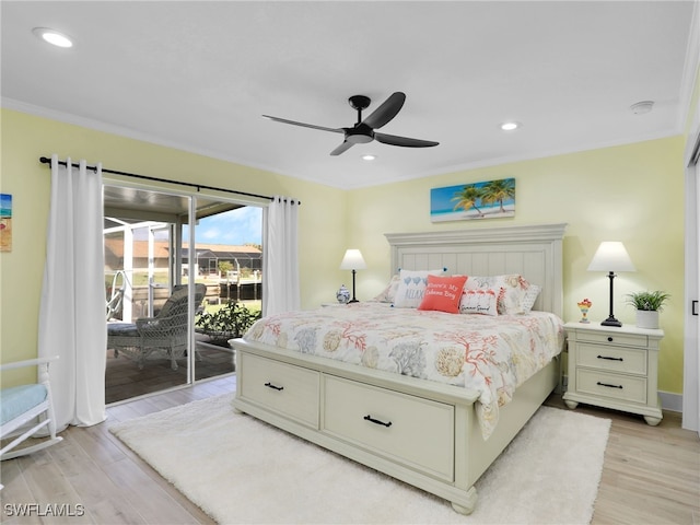 bedroom with crown molding, ceiling fan, access to exterior, and light hardwood / wood-style flooring