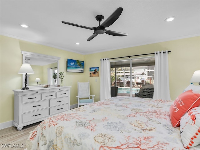 bedroom featuring crown molding, access to outside, ceiling fan, and light hardwood / wood-style floors