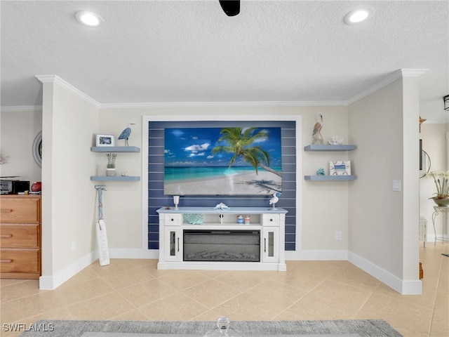 tiled living room featuring crown molding and a textured ceiling