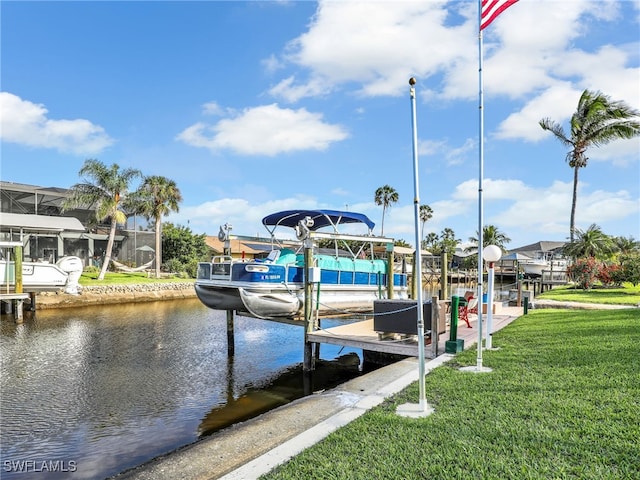 dock area with a water view and a lawn