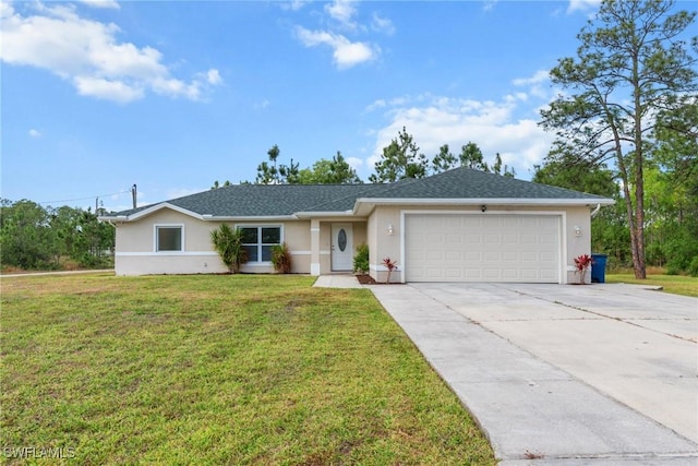 ranch-style house with a garage and a front lawn