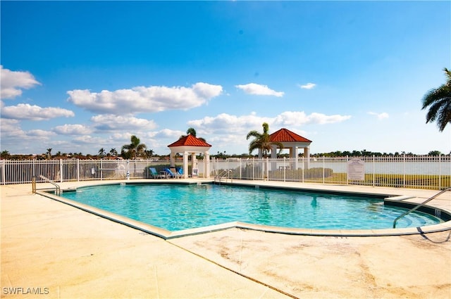 view of pool featuring a gazebo and a patio area