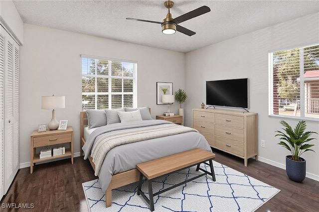 bedroom with a closet, dark hardwood / wood-style floors, multiple windows, and a textured ceiling